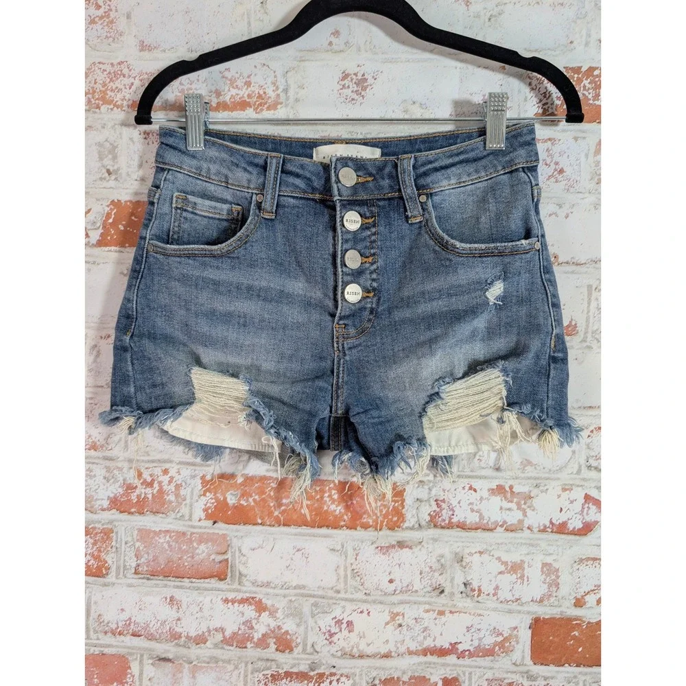Risen Denim Shorts Womens Size S Blue Distressed Button Fly Frayed RDS6073